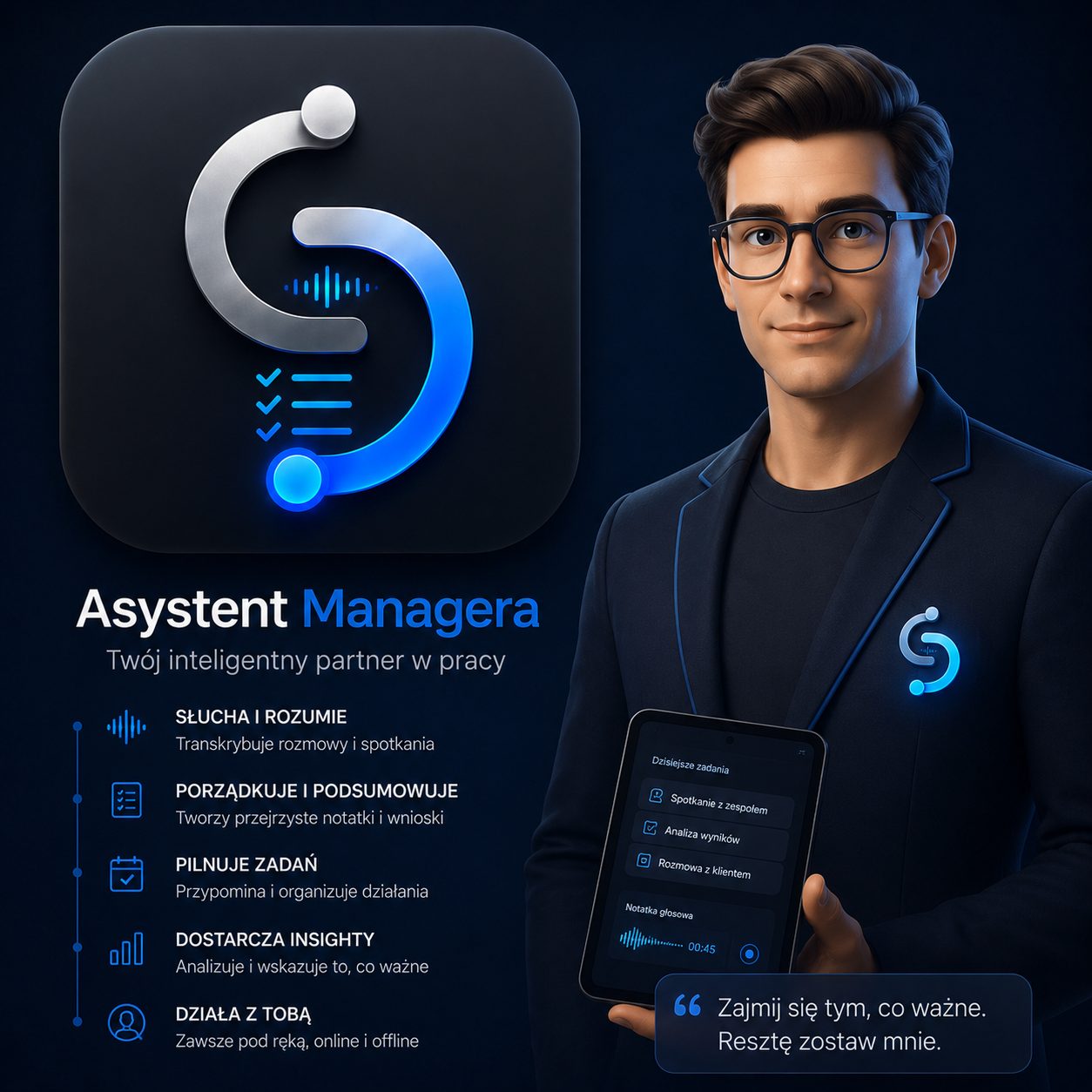Manager trzymający tablet z aplikacją Sidekick