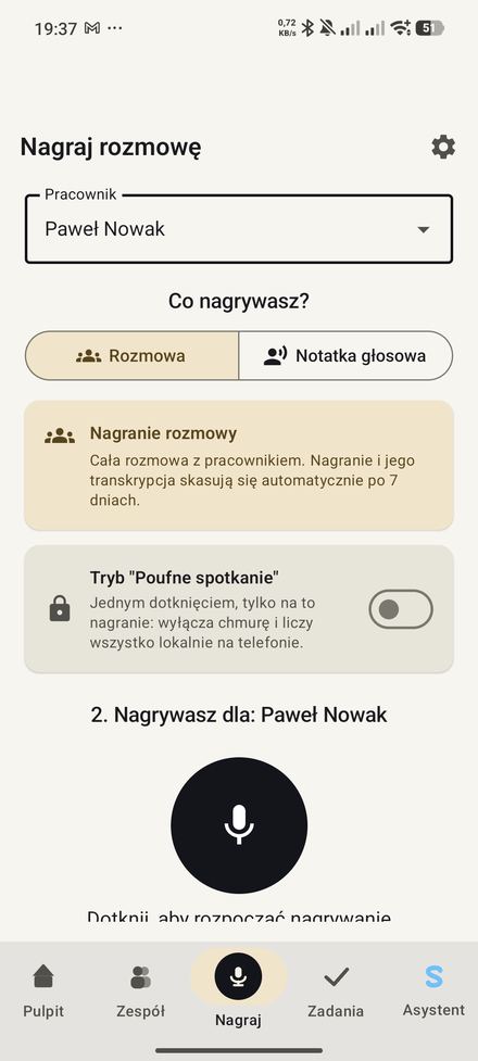 Ekran nagrywania rozmowy z trybem poufnym