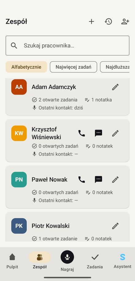 Lista zespołu z liczbą zadań i notatek przy każdym pracowniku
